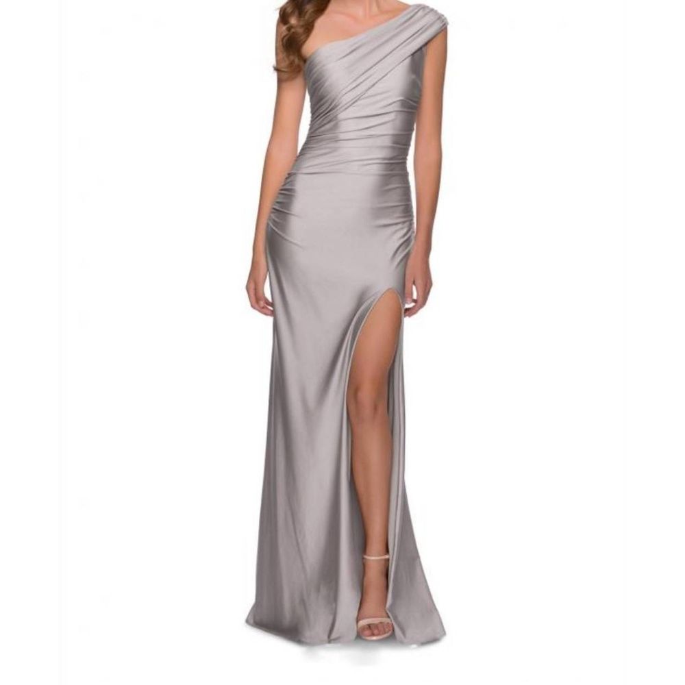 La Femme Shiny Long Jersey Gown Silver 8